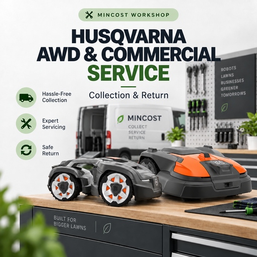 Husqvarna AWD and commercial mower service – collection and return, featuring 435X AWD and 560 EPOS models