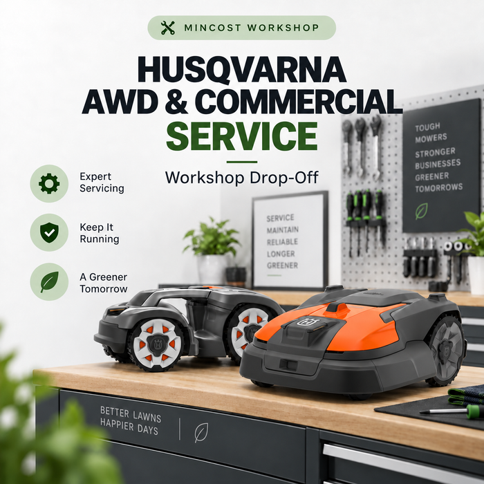 Husqvarna AWD and commercial mower service – workshop drop-off, featuring 435X AWD and 560 EPOS models