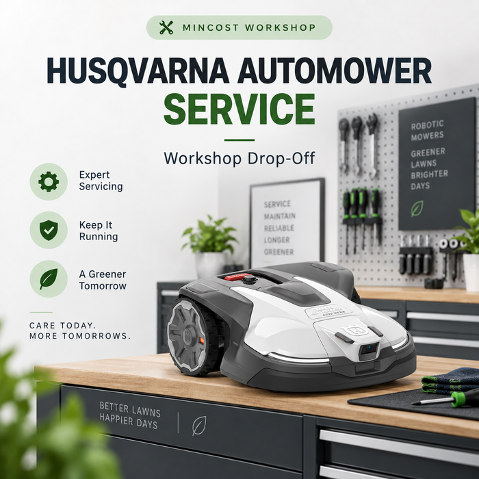 Husqvarna Automower service – workshop drop-off, illustrated with a 430V NERA mower