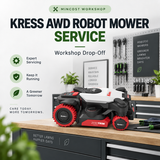 Kress all-wheel drive robotic mower service – workshop drop-off, illustrated with a Kress EyePilot 4×4 mower
