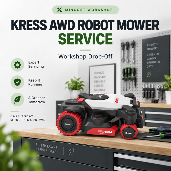 Kress all-wheel drive robotic mower service – workshop drop-off, illustrated with a Kress EyePilot 4×4 mower