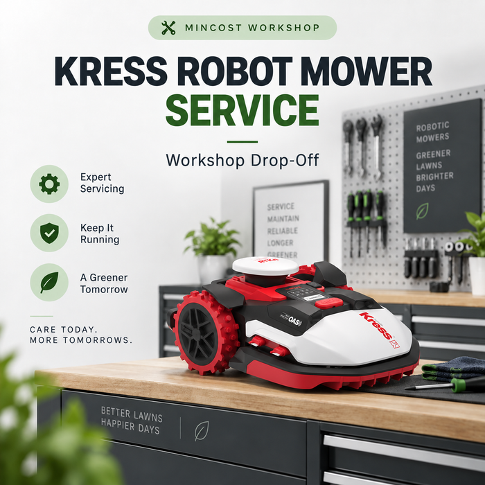 Kress standard robotic mower service – workshop drop-off, illustrated with a Kress RTKn mower