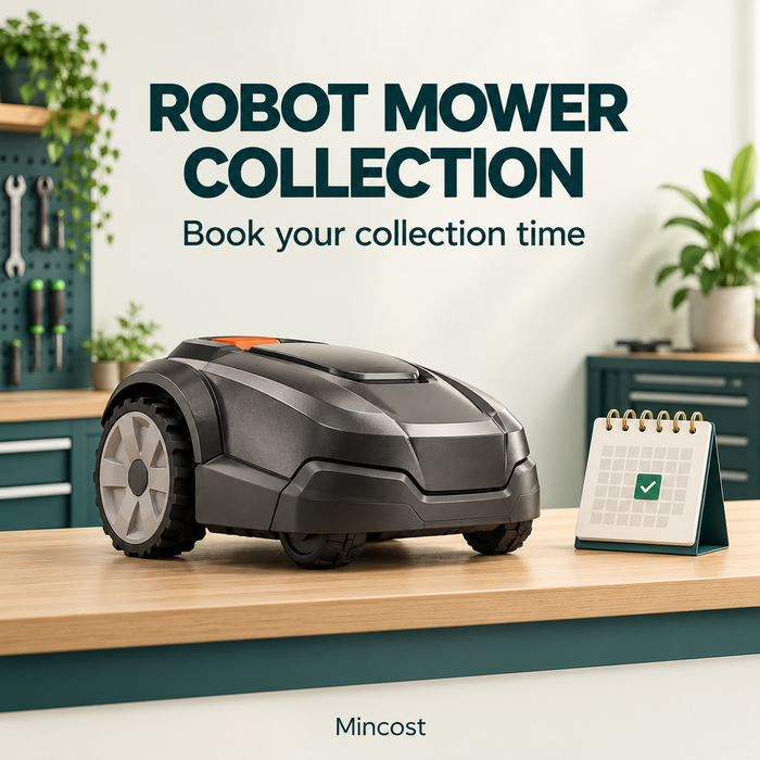 Robot mower collection booking at Mincost, with a mower and appointment calendar