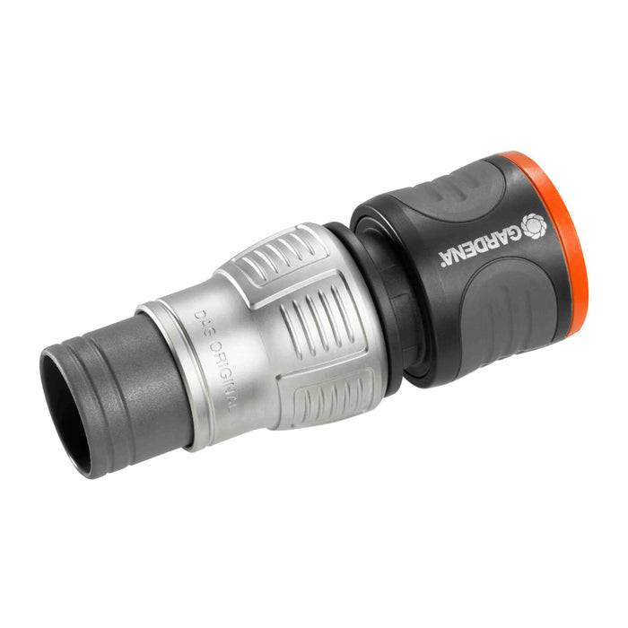 Extremely durable secure quick release Gardena connector.  Shows support sleeve for anti hose kink 