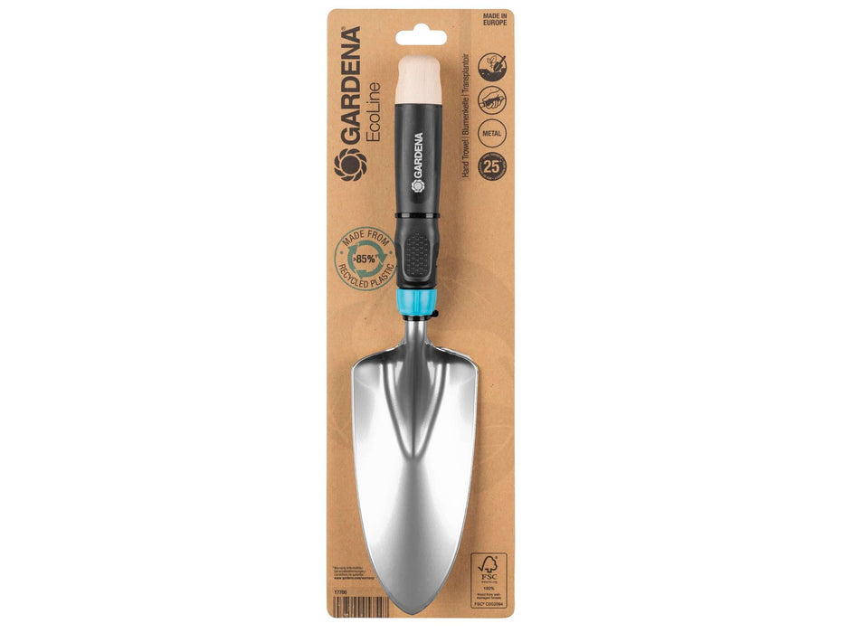 Gardena Ecoline hand trowel in packaging made from recycled cardboard